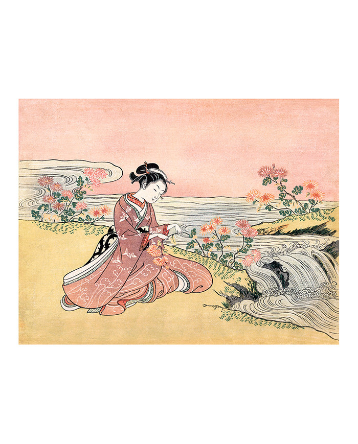 Femme japonaise cueillant des chrysanthemes